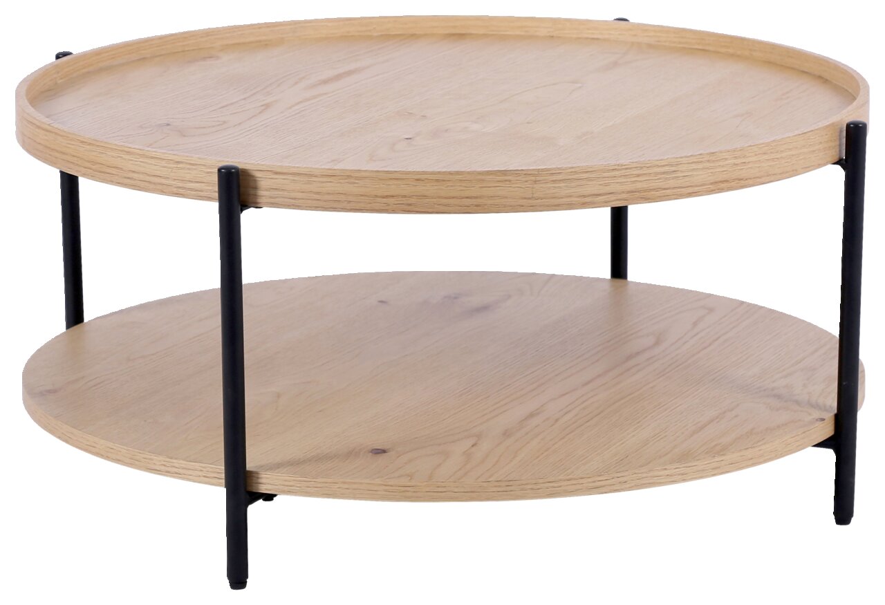 Runder Couchtisch aus hellem Holz mit zwei Ebenen und schwarzen Metallbeinen, seitliche Perspektive
