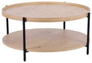 Runder Couchtisch aus hellem Holz mit zwei Ebenen und schwarzen Metallbeinen, seitliche Perspektive