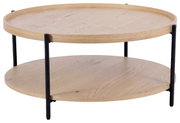 Runder Couchtisch aus hellem Holz mit zwei Ebenen und schwarzen Metallbeinen, seitliche Perspektive