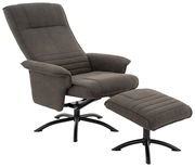 Grauer Relaxsessel mit passendem Hocker, seitliche Perspektive