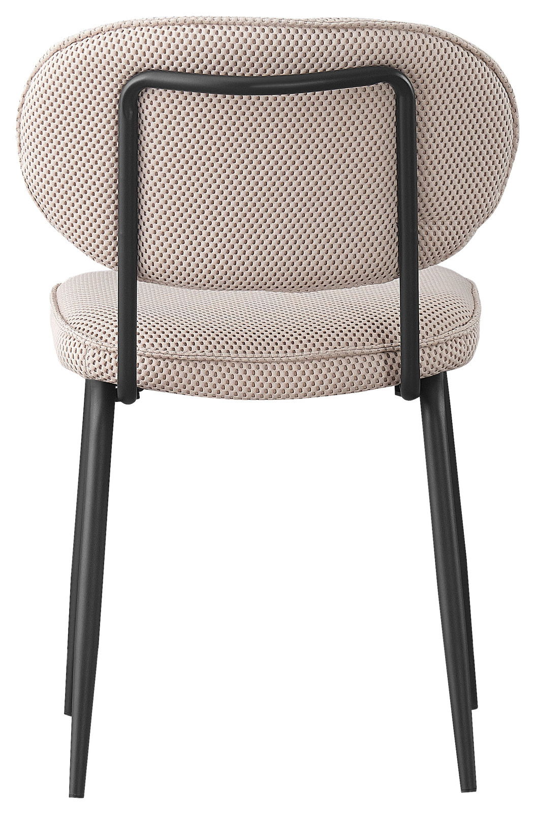 BOXXX Stuhl PETER Rückansicht eines modernen Stuhls mit gepolsterter Sitzfläche und Rückenlehne in Netzoptik, schwarzem Metallrahmen und schlanken Beinen.