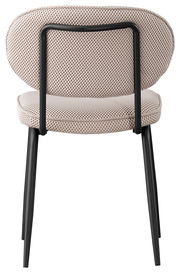 Rückansicht eines modernen Stuhls mit gepolsterter Sitzfläche und Rückenlehne in Netzoptik, schwarzem Metallrahmen und schlanken Beinen.