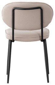 Rückansicht eines modernen Stuhls mit gepolsterter Sitzfläche und Rückenlehne in Netzoptik, schwarzem Metallrahmen und schlanken Beinen.