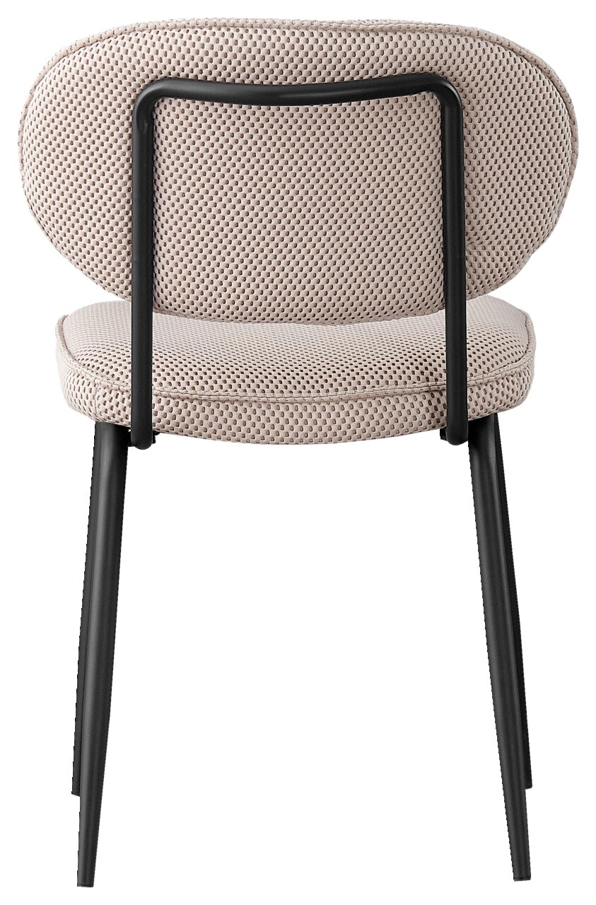 BOXXX Stuhl PETER Rückansicht eines modernen Stuhls mit gepolsterter Sitzfläche und Rückenlehne in Netzoptik, schwarzem Metallrahmen und schlanken Beinen.