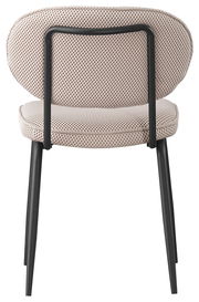 Rückansicht eines modernen Stuhls mit gepolsterter Sitzfläche und Rückenlehne in Netzoptik, schwarzem Metallrahmen und schlanken Beinen.