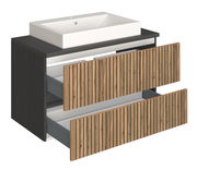 Waschtisch-Set mit modernem rechteckigem Waschbecken und Holzoptik-Schubladen, seitliche Perspektive