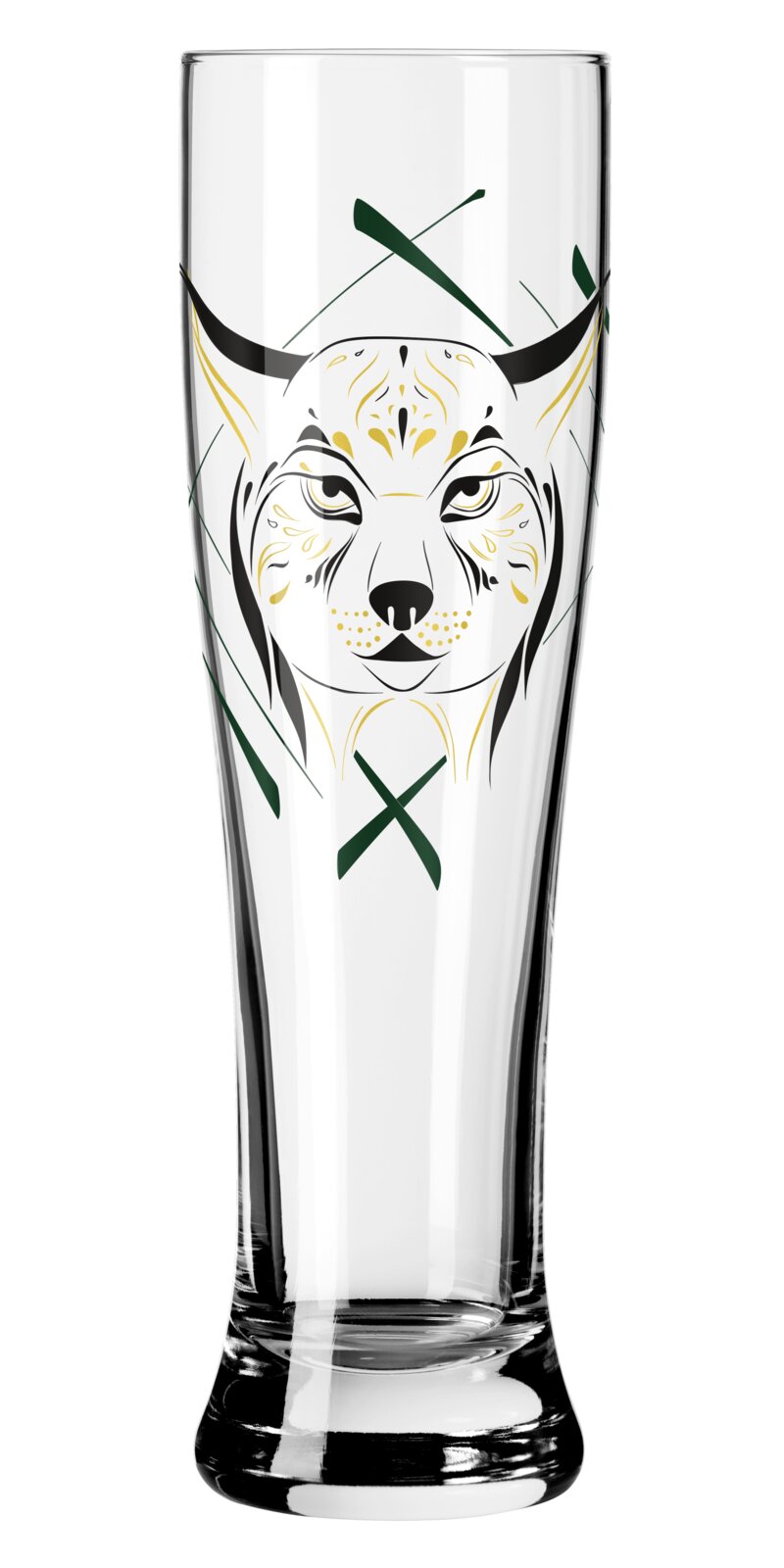 Transparant hoog bierglas (pilsnerglas) met gestileerde lynxkopillustratie in zwart, goud en groen, frontale productfoto recht van voren op witte achtergrond.