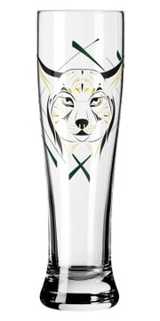 Transparant hoog bierglas (pilsnerglas) met gestileerde lynxkopillustratie in zwart, goud en groen, frontale productfoto recht van voren op witte achtergrond.