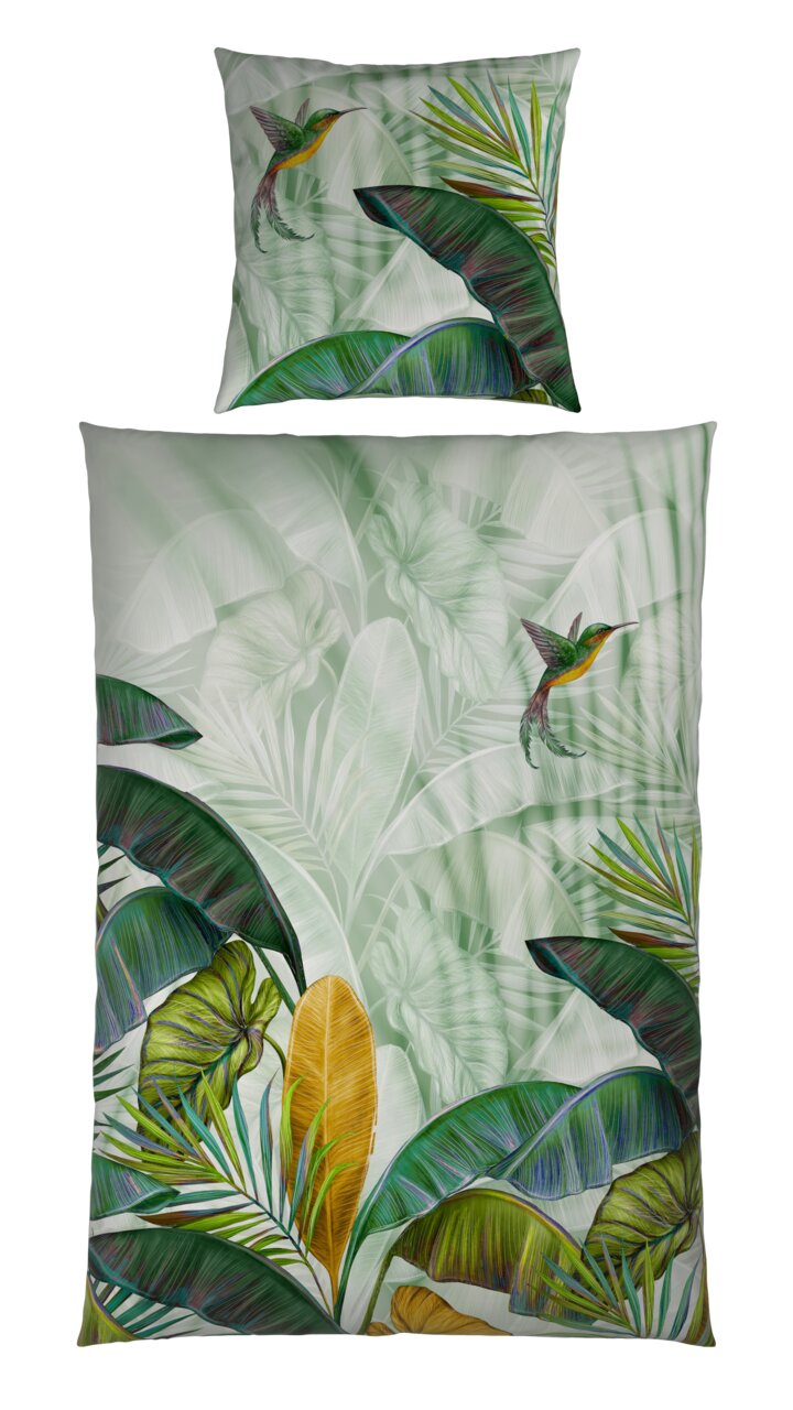 Wendebettwäsche mit tropischem Design, zeigt bunte Blätter und einen Kolibri aus der Vogelperspektive.