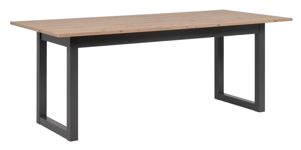 Z2 Functionele eettafel Denver Moderner Esstisch mit Holzplatte und schwarzem Metallgestell, seitliche Perspektive
