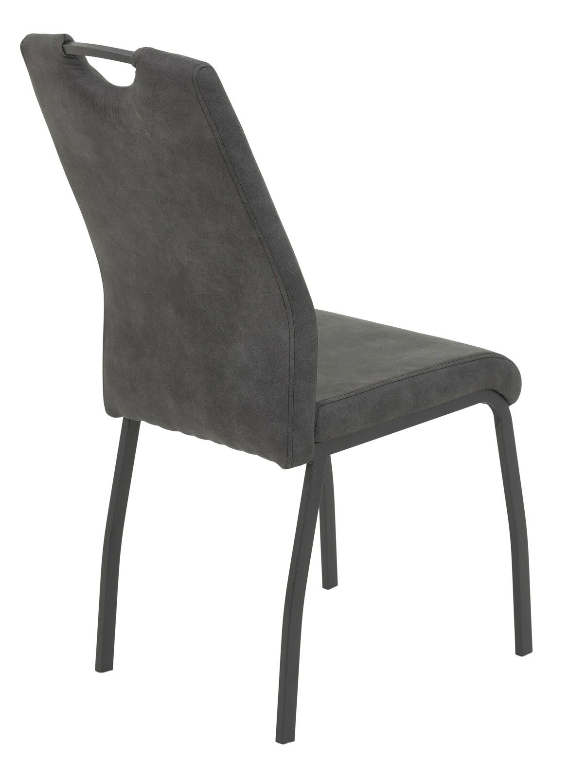 Rückansicht eines modernen, dunkelgrauen Stuhls mit Metallbeinen und einem Griff an der Rückenlehne.