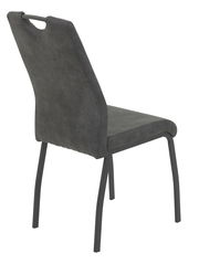 Rückansicht eines modernen, dunkelgrauen Stuhls mit Metallbeinen und einem Griff an der Rückenlehne.