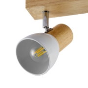 Deckenstrahler aus Holz und Metall mit sichtbarer Glühbirne, seitliche Perspektive