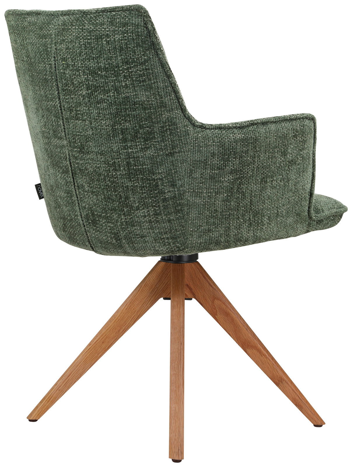 Rückansicht eines grünen Sessels mit Holzbeinen, seitliche Perspektive