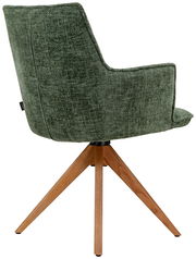 Rückansicht eines grünen Sessels mit Holzbeinen, seitliche Perspektive