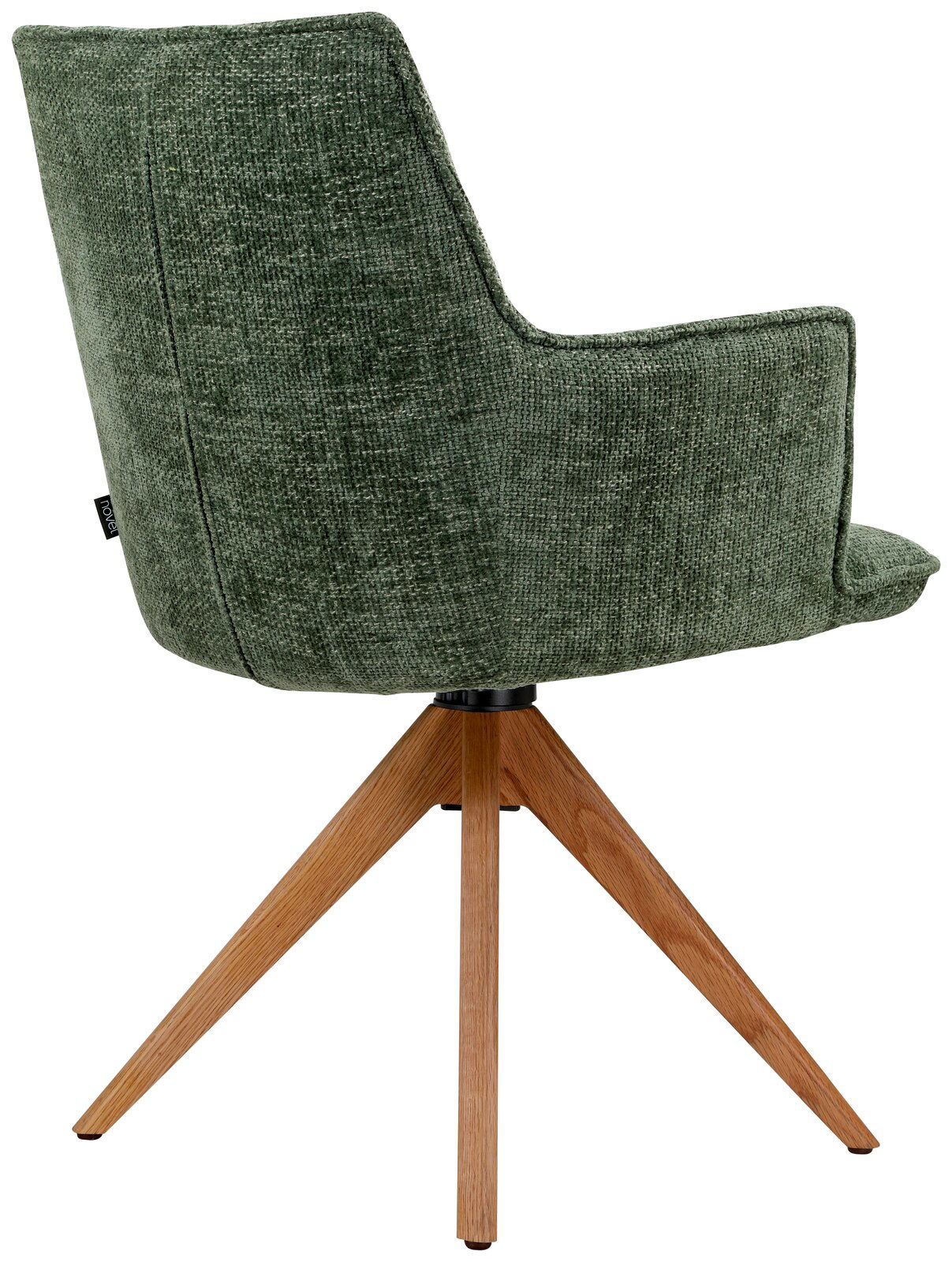 Rückansicht eines grünen Sessels mit Holzbeinen, seitliche Perspektive