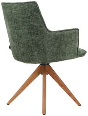 Rückansicht eines grünen Sessels mit Holzbeinen, seitliche Perspektive