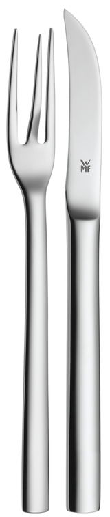 Silbernes Pellkartoffel-Besteckset bestehend aus einer Gabel und einem Messer, frontal abgebildet.