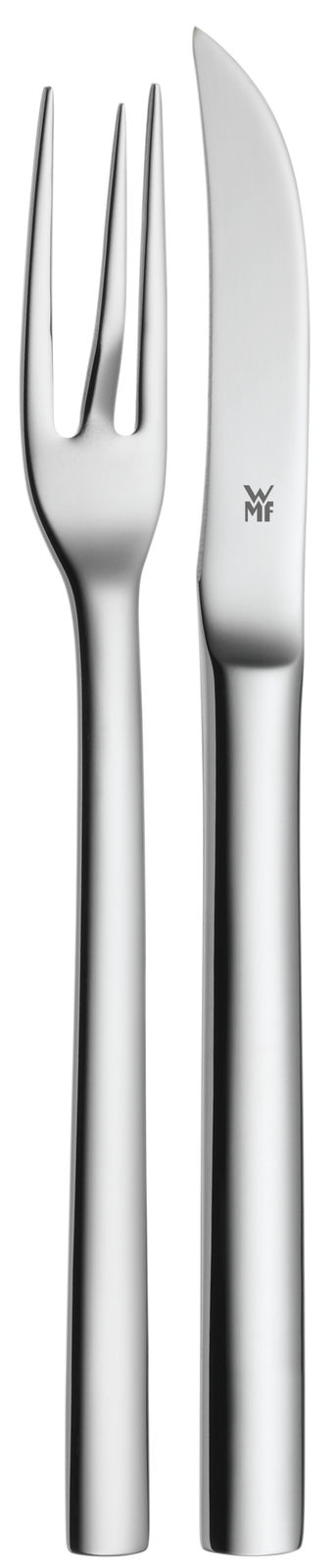 Silbernes Pellkartoffel-Besteckset bestehend aus einer Gabel und einem Messer, frontal abgebildet.