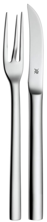 Silbernes Pellkartoffel-Besteckset bestehend aus einer Gabel und einem Messer, frontal abgebildet.