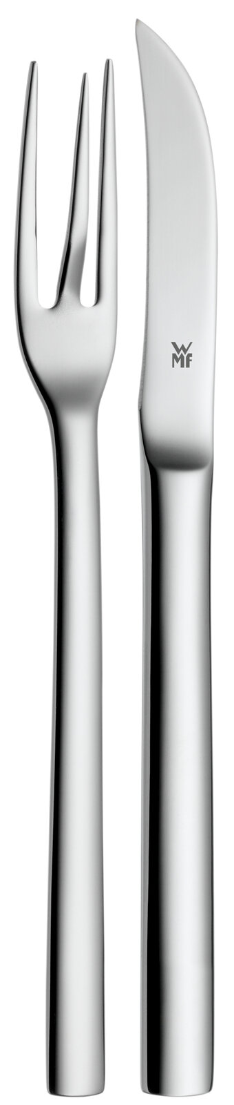 WMF Pellkartoffel-Set 2-tlg. NUOVA Silbernes Pellkartoffel-Besteckset bestehend aus einer Gabel und einem Messer, frontal abgebildet.