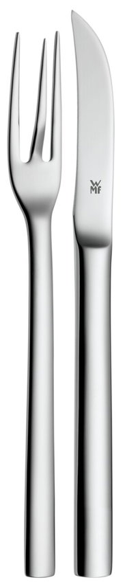 Silbernes Pellkartoffel-Besteckset bestehend aus einer Gabel und einem Messer, frontal abgebildet.