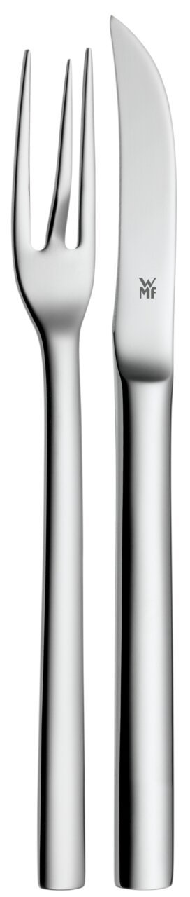 Silbernes Pellkartoffel-Besteckset bestehend aus einer Gabel und einem Messer, frontal abgebildet.