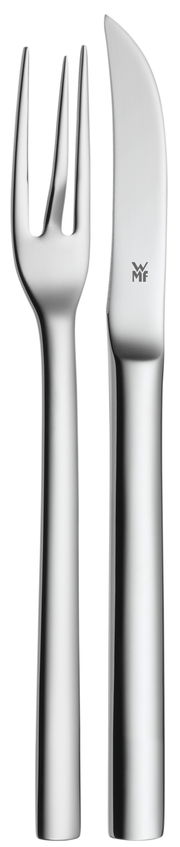 Silbernes Pellkartoffel-Besteckset bestehend aus einer Gabel und einem Messer, frontal abgebildet.