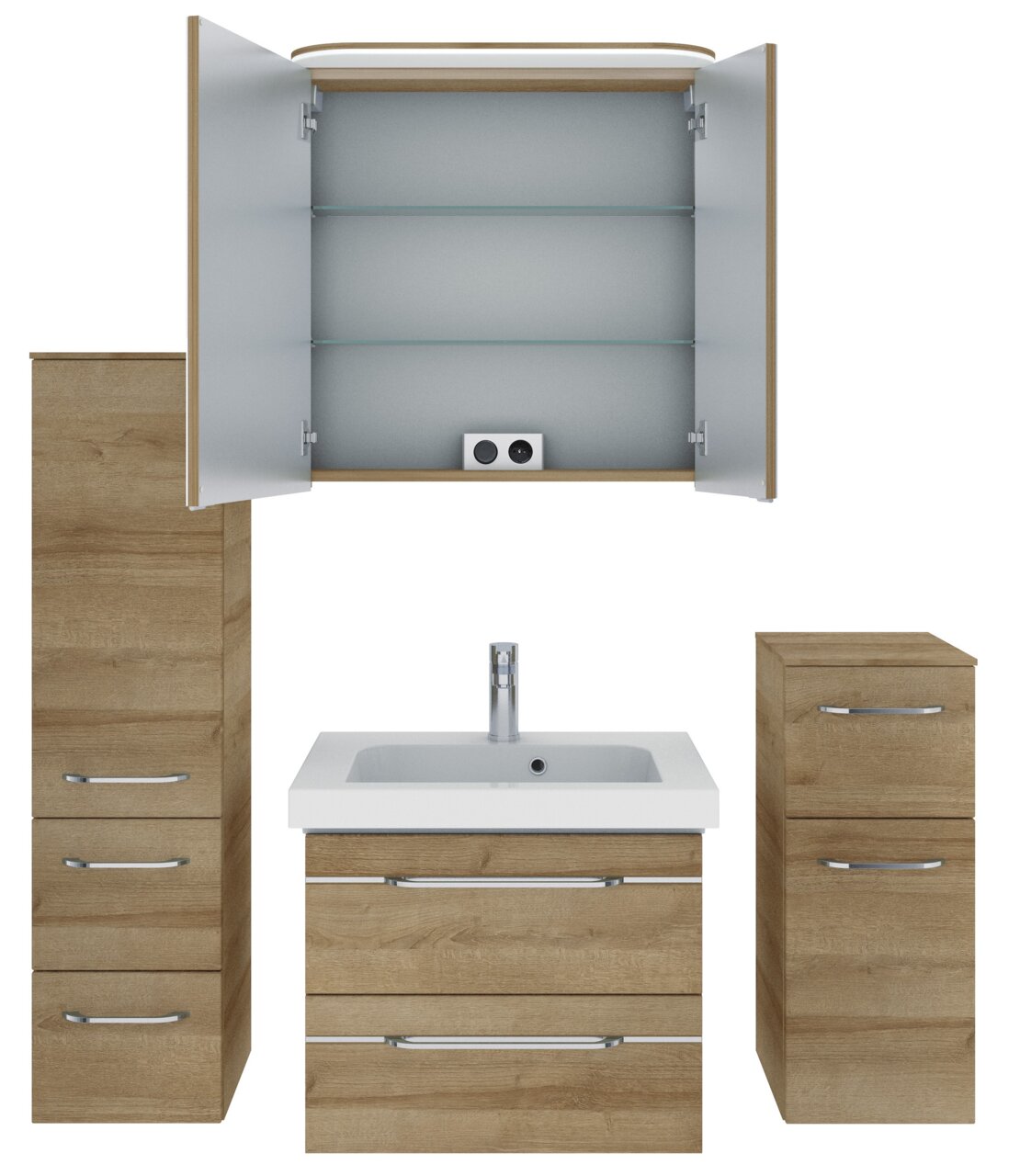 Badezimmermöbel-Set in Holzoptik, bestehend aus einem Waschbeckenunterschrank mit integriertem Waschbecken, einem hohen Schrank mit mehreren Schubladen und einem kleineren Schrank, alle mit silbernen Griffen, aus der Frontansicht.