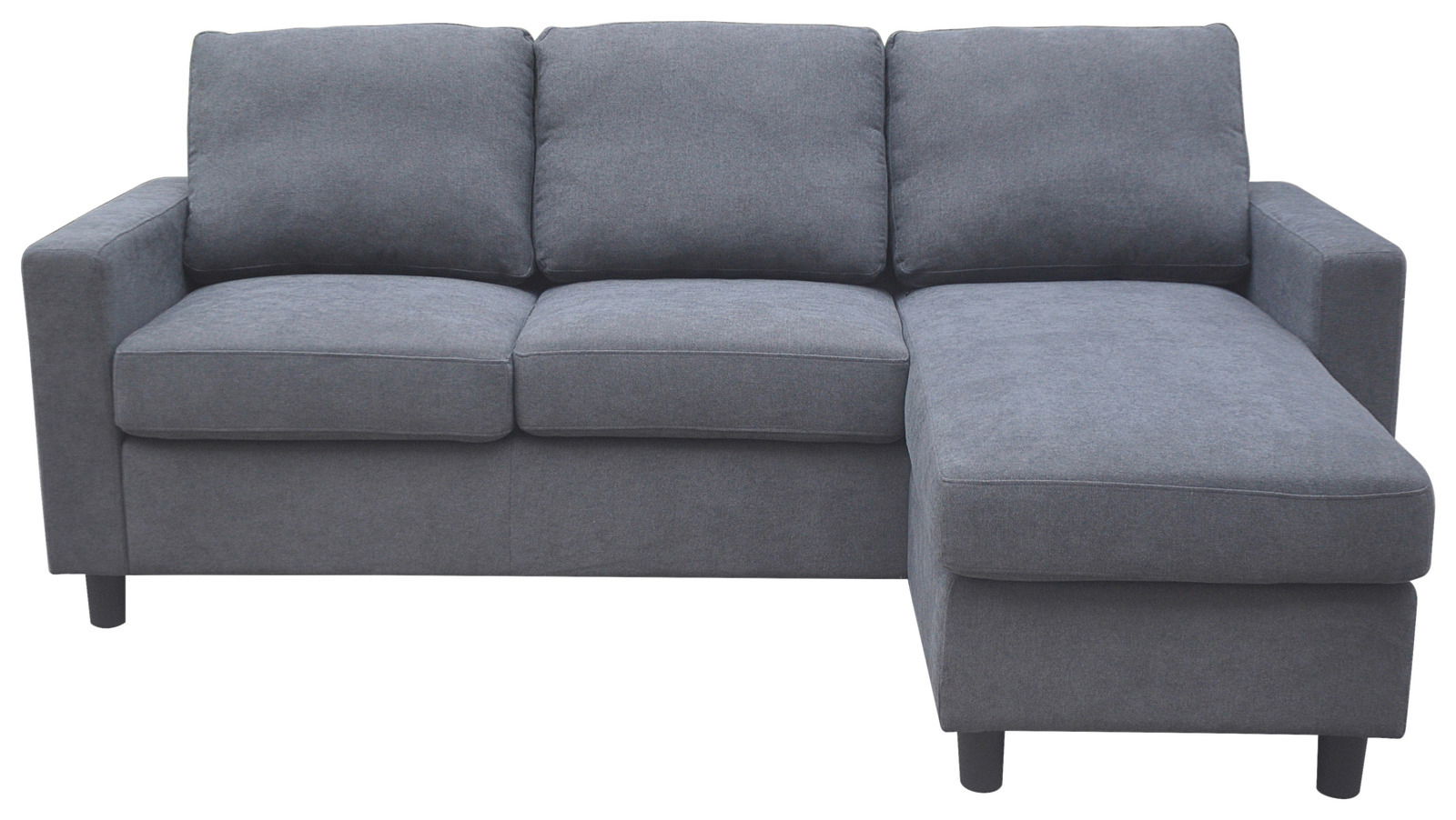Graues Ecksofa mit drei Sitzplätzen und einer Ottomane auf der rechten Seite, Frontalansicht