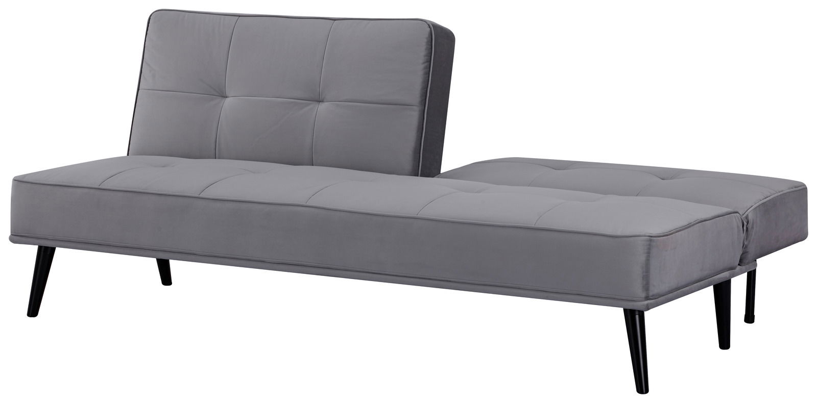 Graues Funktionssofa mit schwarzem Metallgestell, seitliche Perspektive