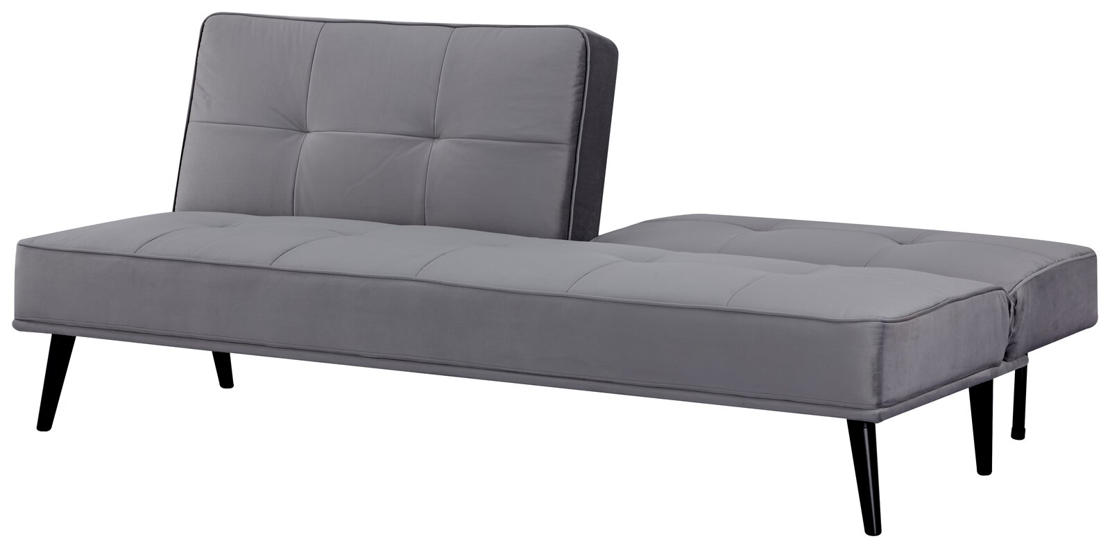 Graues Funktionssofa mit schwarzem Metallgestell, seitliche Perspektive