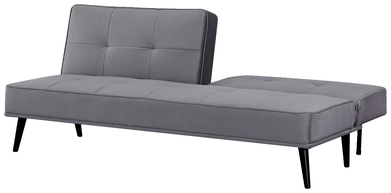 Graues Funktionssofa mit schwarzem Metallgestell, seitliche Perspektive