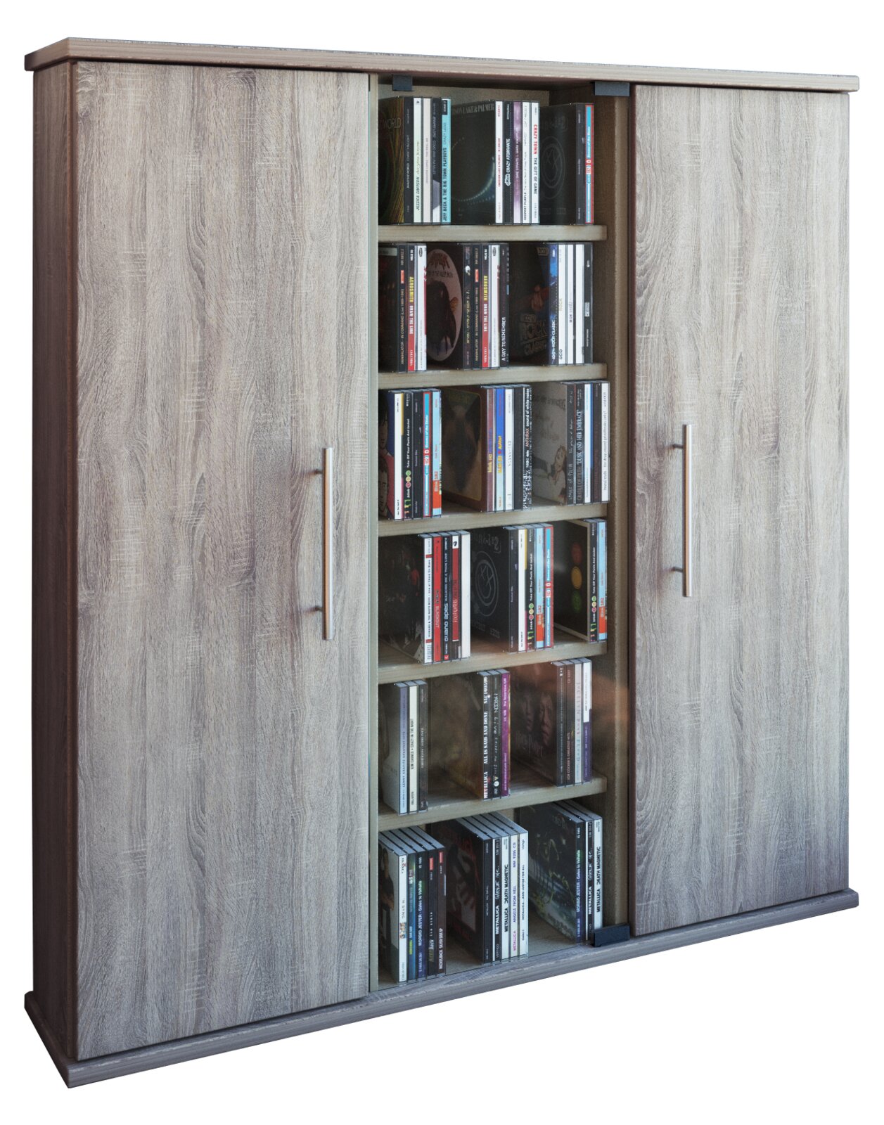 Holzfarbenes Medienregal/Schrank mit zwei Schiebetüren und mittigem offenen Fach mit mehreren CD-Regalböden, frontale Ansicht leicht schräg von links.
