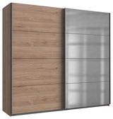Schwebetürenschrank 2-türig in Holzoptik mit einer Seite in Spiegeloptik, seitliche Perspektive