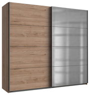 Schwebetürenschrank 2-türig in Holzoptik mit einer Seite in Spiegeloptik, seitliche Perspektive