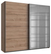 Schwebetürenschrank 2-türig in Holzoptik mit einer Seite in Spiegeloptik, seitliche Perspektive