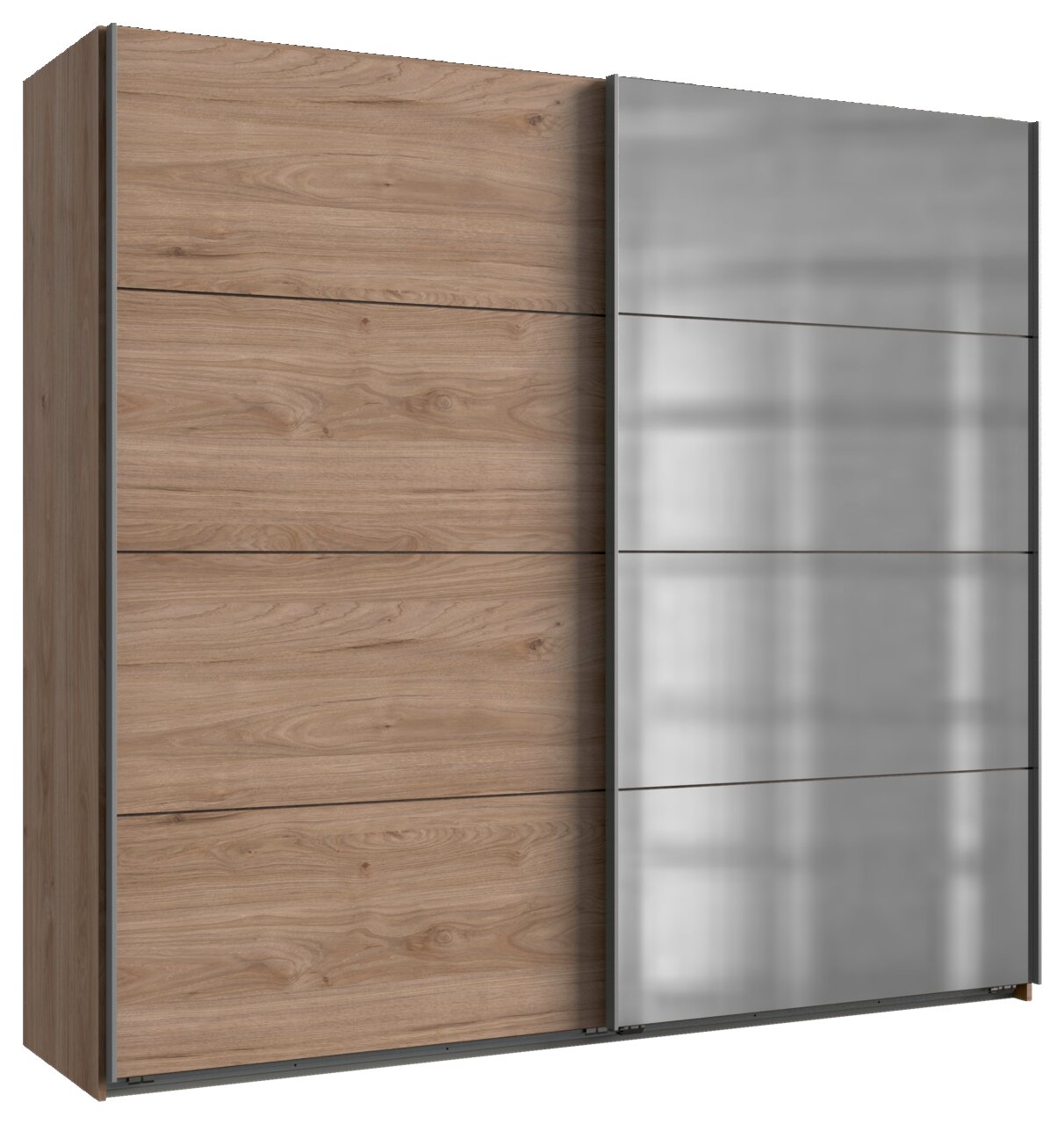 Schwebetürenschrank 2-türig in Holzoptik mit einer Seite in Spiegeloptik, seitliche Perspektive