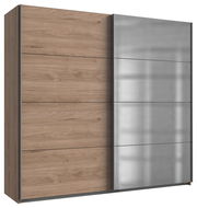 Schwebetürenschrank 2-türig in Holzoptik mit einer Seite in Spiegeloptik, seitliche Perspektive