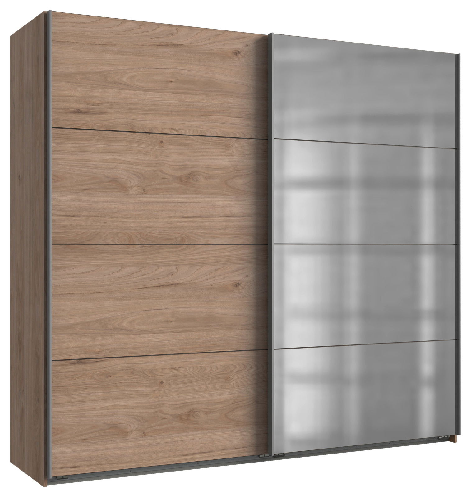 Schwebetürenschrank 2-türig in Holzoptik mit einer Seite in Spiegeloptik, seitliche Perspektive