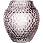 Violette Glasvase mit rautenförmigem Muster, frontal abgebildet.