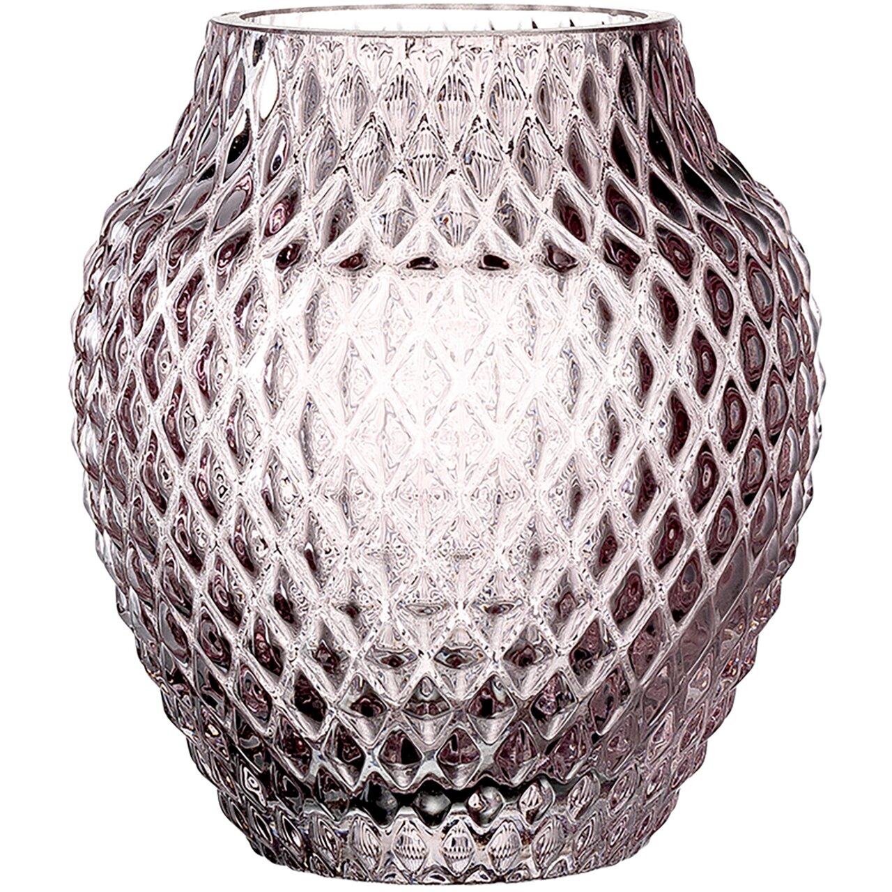 Violette Glasvase mit rautenförmigem Muster, frontal abgebildet.