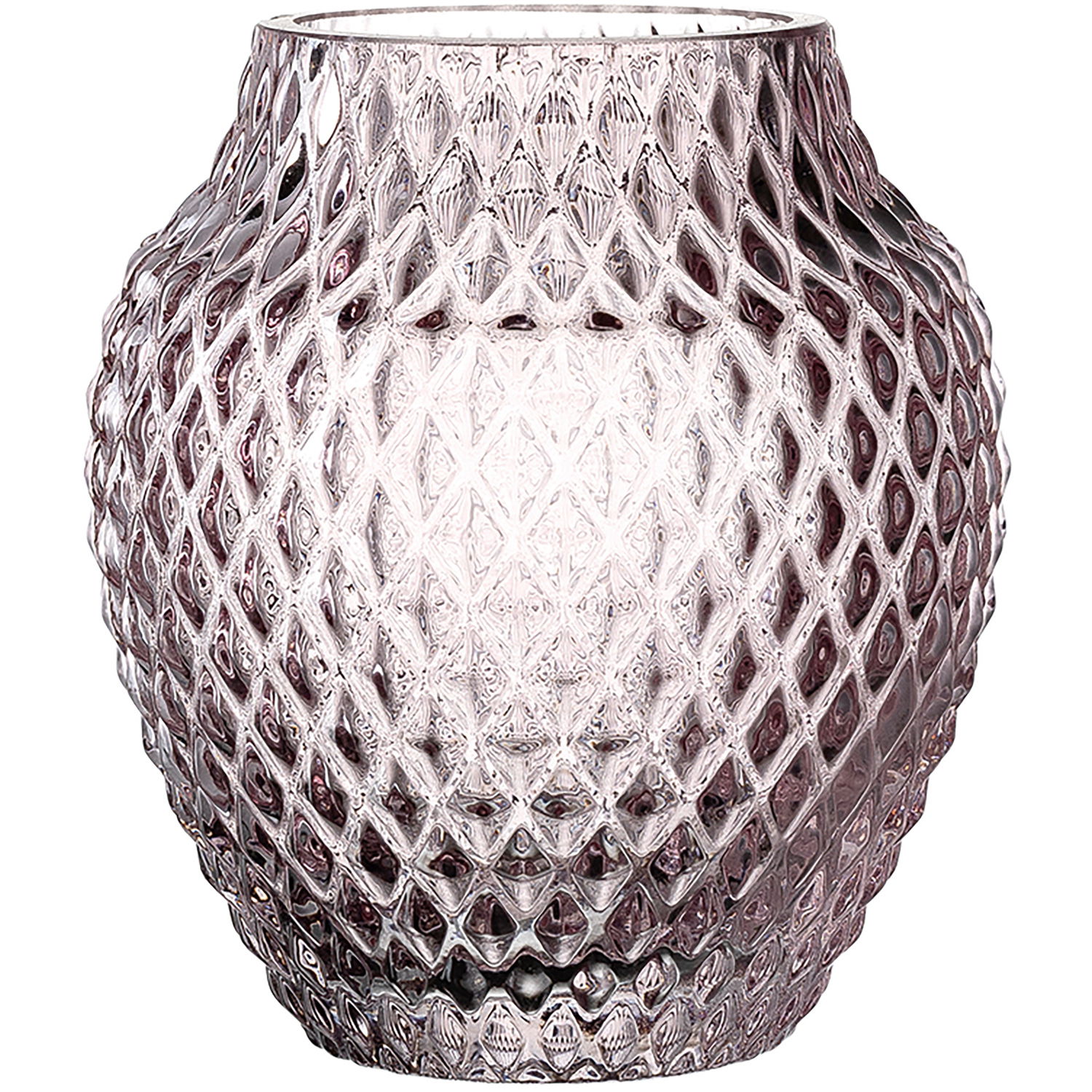 Violette Glasvase mit rautenförmigem Muster, frontal abgebildet.