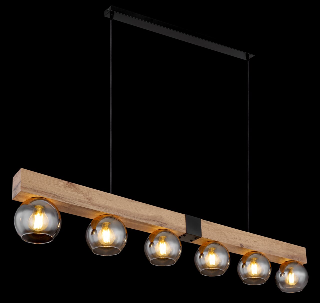 Hängeleuchte mit sechs Glaskugeln und Holzbalken, seitliche Perspektive