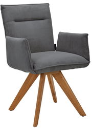 Grauer Armlehnstuhl mit Holzbeinen, seitliche Perspektive