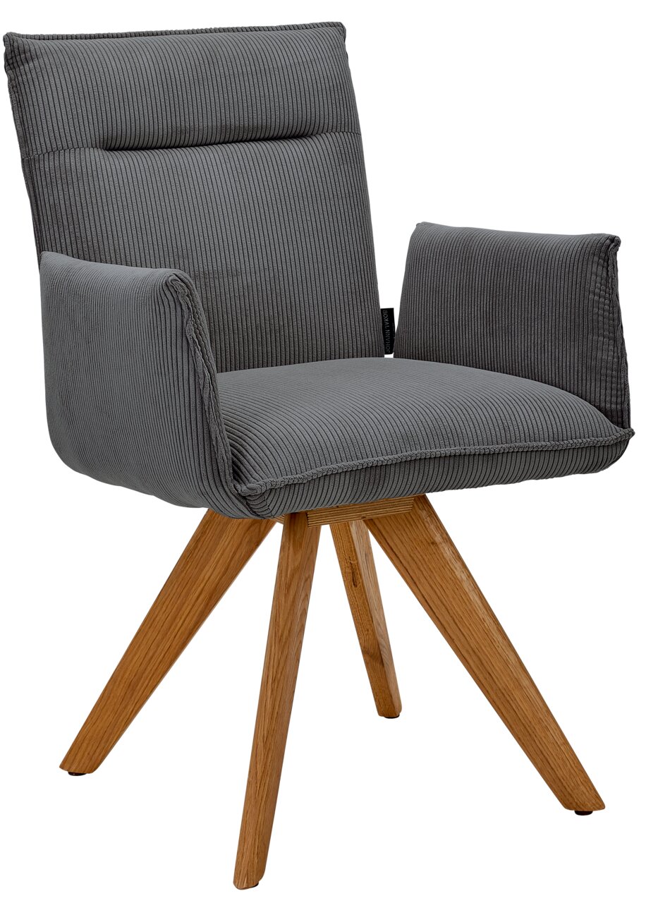 Johann Jakob Armlehnstuhl CALAS Grauer Armlehnstuhl mit Holzbeinen, seitliche Perspektive