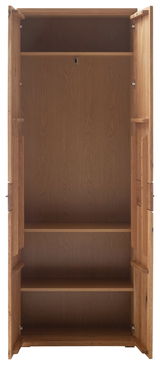 Offener Garderobenschrank aus Holz mit mehreren Regalböden, frontale Ansicht