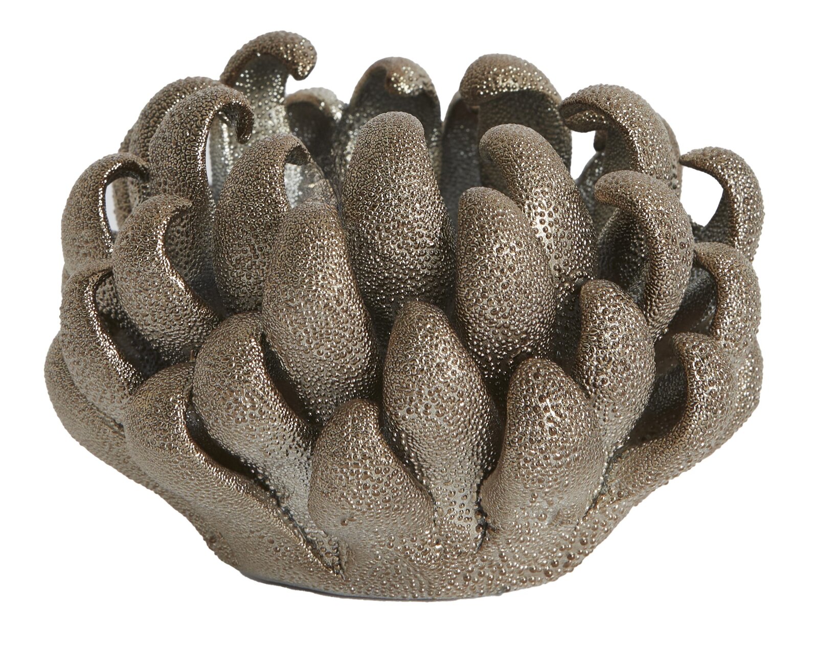 Teelichthalter in Form einer stilisierten Blume mit metallischer Oberfläche, seitliche Perspektive