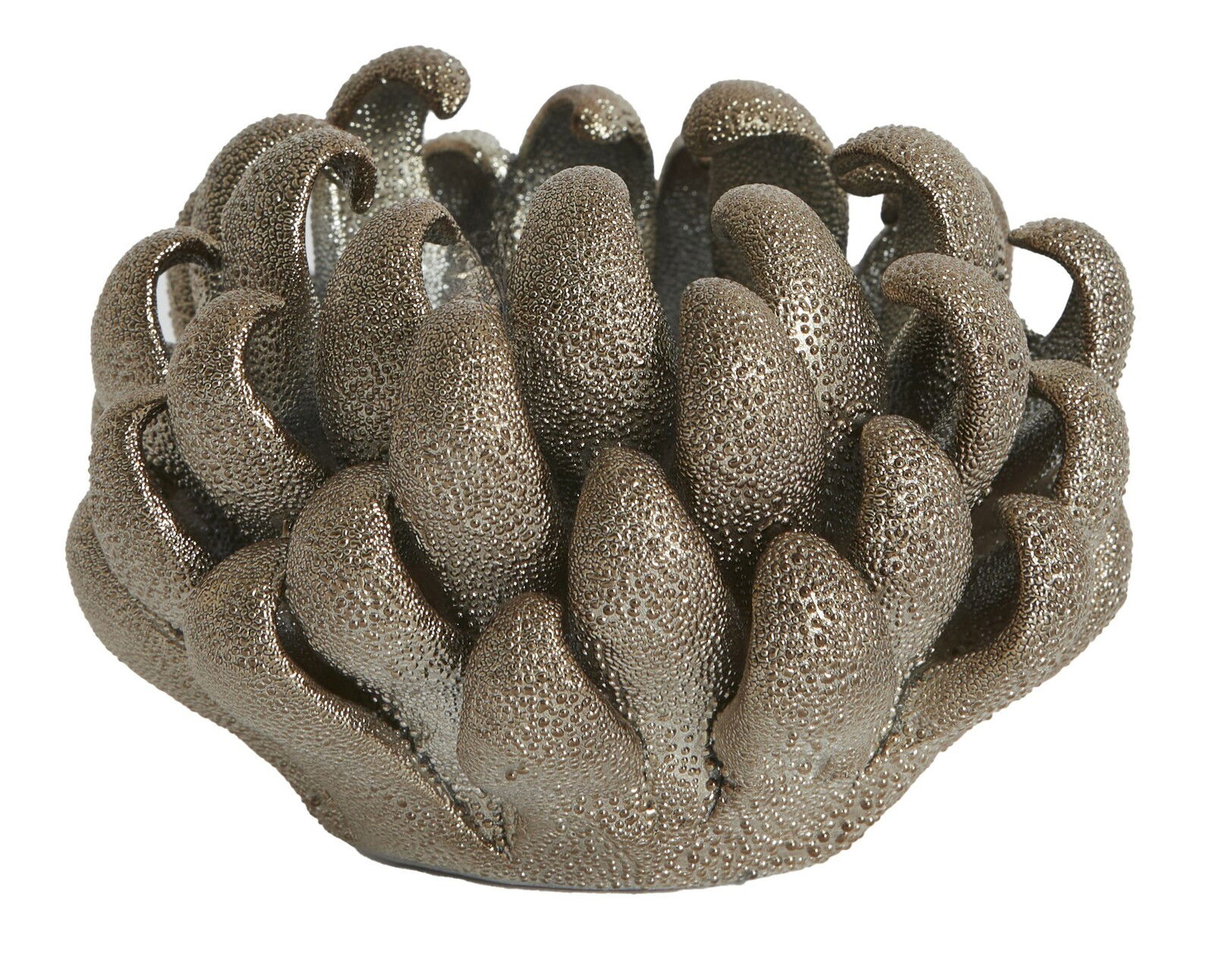 Teelichthalter in Form einer stilisierten Blume mit metallischer Oberfläche, seitliche Perspektive