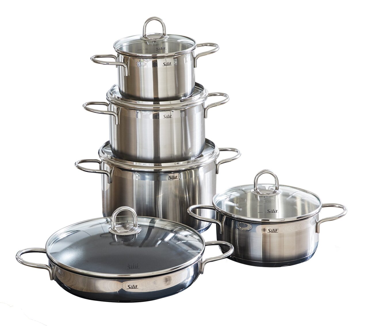 Topf-Set 9-tlg. Diamant aus Edelstahl, seitliche Perspektive